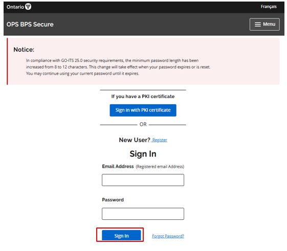 Step 2: On the OPS BPS Secure Log in screen enter your ID (your OPS BPS Secure email address), password and click the Sign In button.