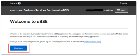 Click the Continue button on the Welcome to eBSE screen