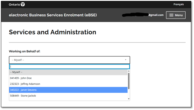 Step 4: (Delegates and designates only): Select the prescriber you are supporting from the Working on Behalf of drop-down menu.
