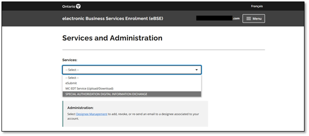 Step 5: From the drop-down Services menu, select Special Authorization Digital Information Exchange 
