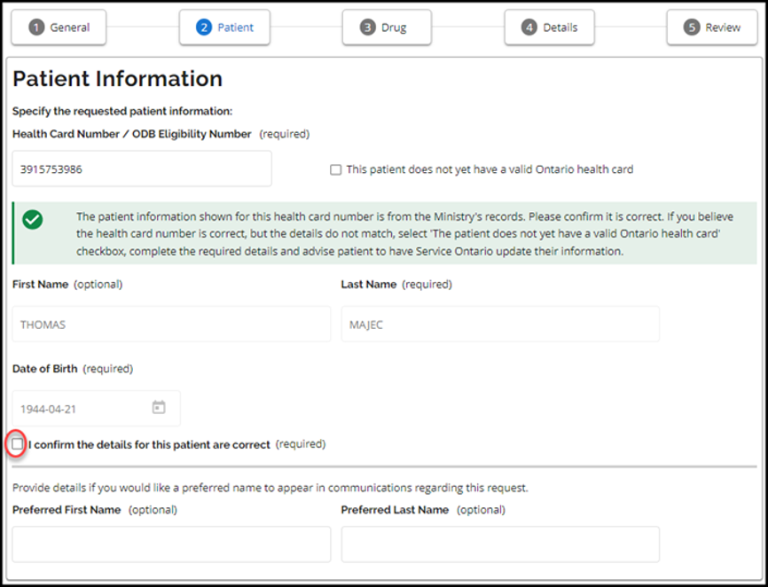 Confirm the patient’s details by checking the box: “I confirm that the details for this patient are correct.”