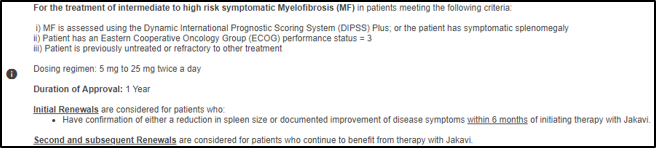 Once you have selected a drug and indication, Reimbursement criteria for that combination will be displayed, if available.