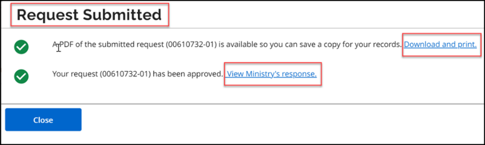 Click “View Ministry’s response” to access the Notice of Approval. 