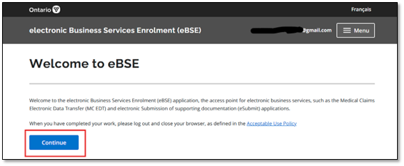 The Welcome to eBSE screen displays, click Continue.
