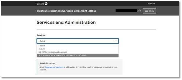 The Services and Administration screen displays. From the drop-down Services menu, select Special Authorization Digital Information Exchange