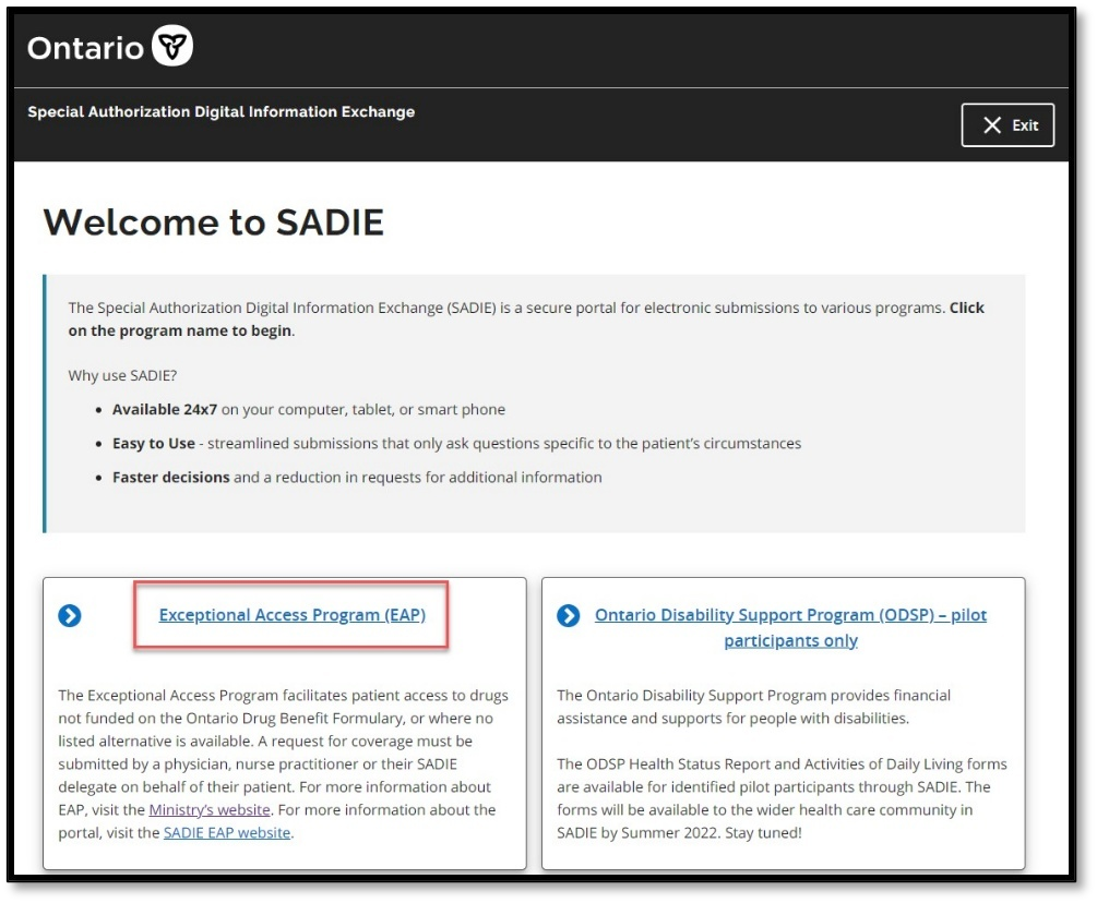 From the Program Selection screen, select Exceptional Access Program (EAP), then review the SADIE Acceptable Use Policy. If you agree, click the Accept button.