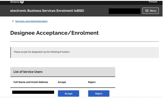 Delegates and designates will be presented with the Designee Acceptance/Enrolment screen. To confirm the designation from the prescriber you are representing for SADIE requests, select “Accept.”