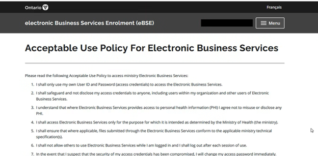 The Acceptable Use Policy for Electronic Business Services will display.&nbsp;Read the policy, if you are in agreement, select ‘Accept’ to complete your OPS BPS Secure designation.