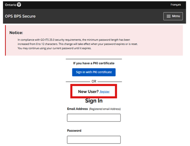 Set up an OPS BPS Secure account by selecting the New User? Register link.