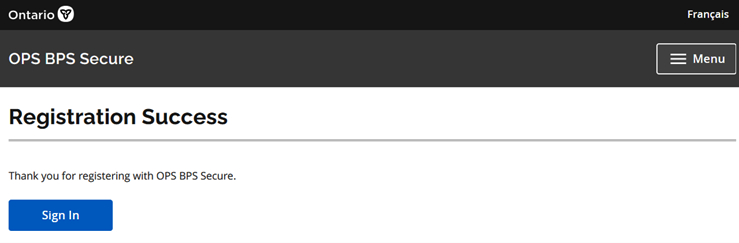 The Registration Success page displays.