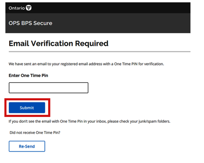 Enter your verification code received in the email and click Submit