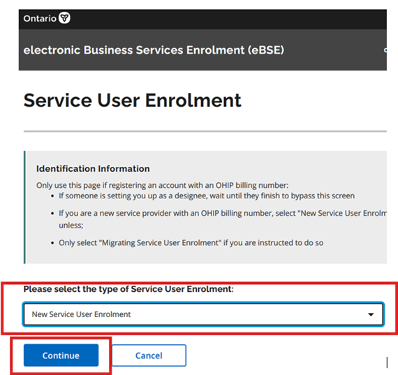Select New Service User Enrolment from the enrolment type drop-down list and click Continue.