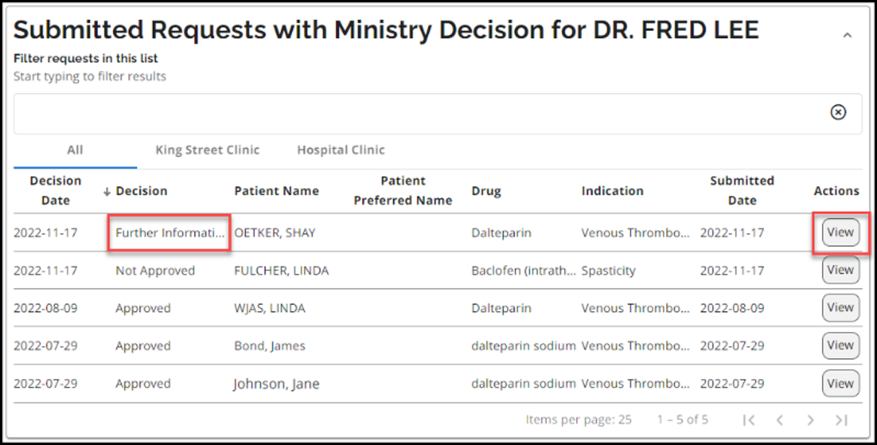 Step 2: Click the View  button for the request with a “Further Information Required” decision in the Submitted Requests with Ministry Decision list.