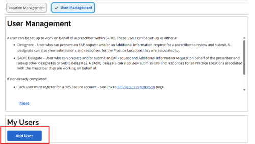 The User Management screen displays. Click the Add User button.