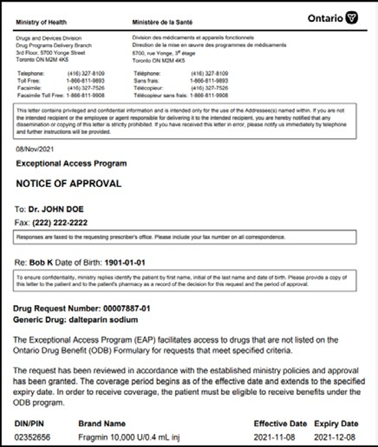The Submissions Details and Correspondence Exchanged with the Ministry page displays. 