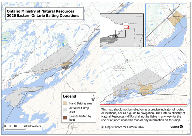 Map of planned 2026 rabies prevention operations in Eastern Ontario.