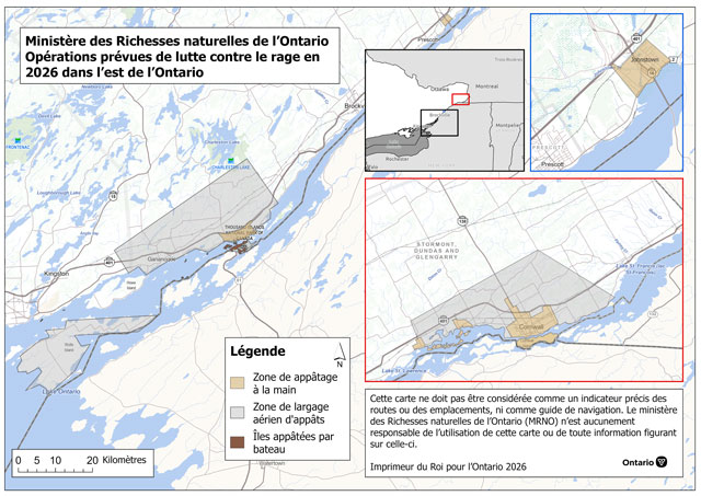 Carte des opérations de prévention de la rage en 2026 dans l’est de l’Ontario