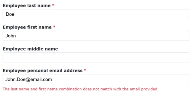 Screenshot of an employee information form showing fields for last name, first name, middle name, and personal email address. A red error message indicates a mismatch between the entered name "John Doe" and the email "John.Doe@email.com."