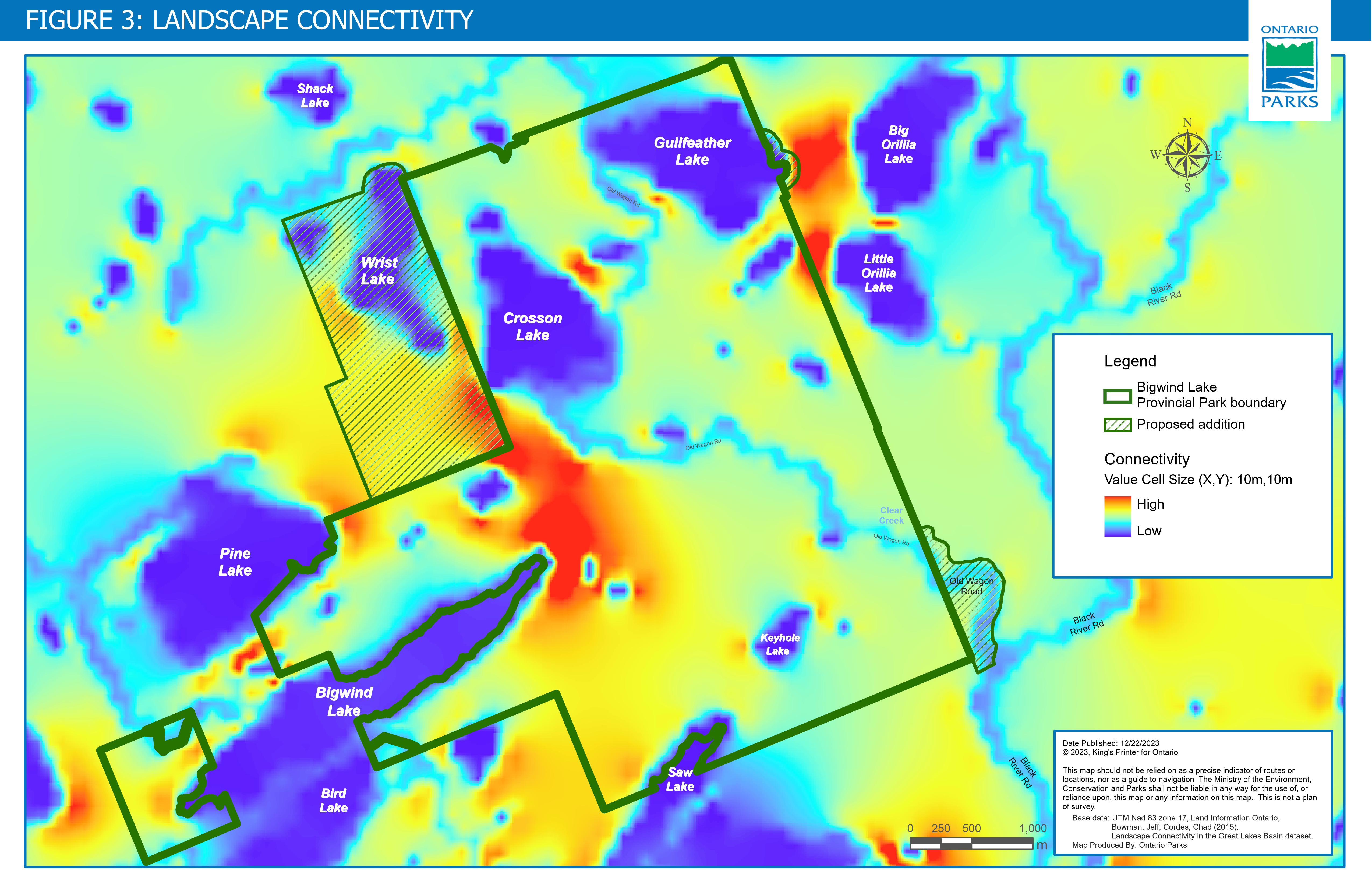 Figure 3 is a map showing areas that have low to high landscape connectivity value in the park and the surrounding area