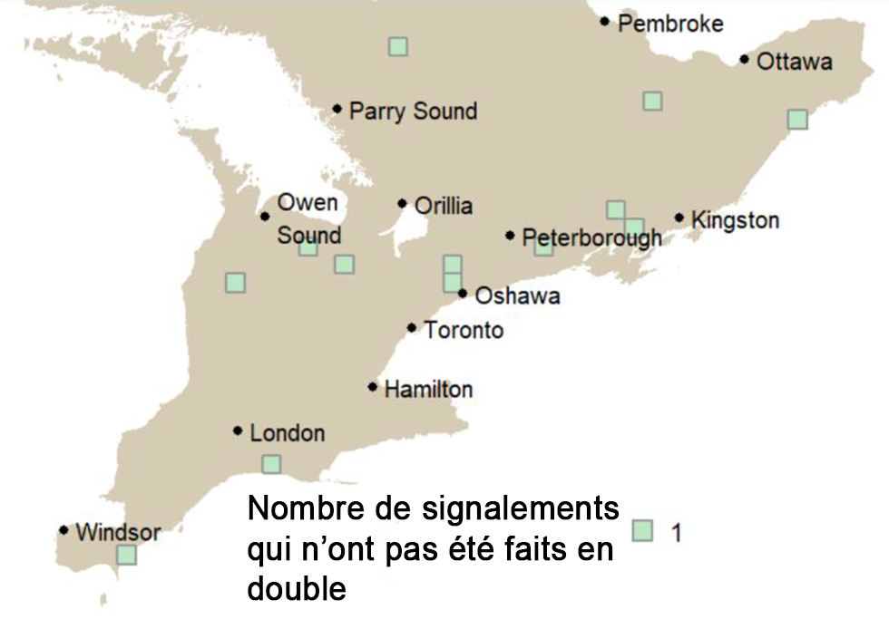 Lieux d'observation des cochons vietnamiens dans le sud de l'Ontario.