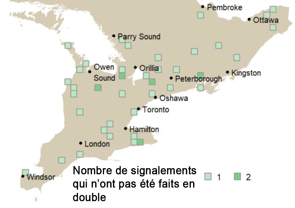 Lieux d'observation de cochons inconnus dans le sud de l'Ontario.