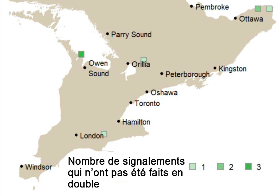Lieux d'observation des sangliers dans le sud de l'Ontario.