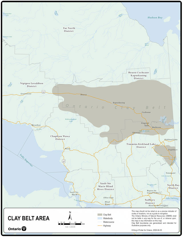 Map depicting the boundary of the clay belt area. The clay belt, waterbodies, watercourses and highways are indicated.