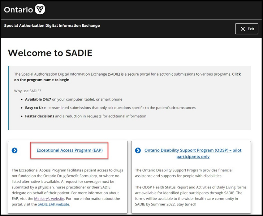 : From the Program Selection screen, select Exceptional Access Program (EAP), then review the SADIE Acceptable Use Policy. If you agree, click the Accept button.