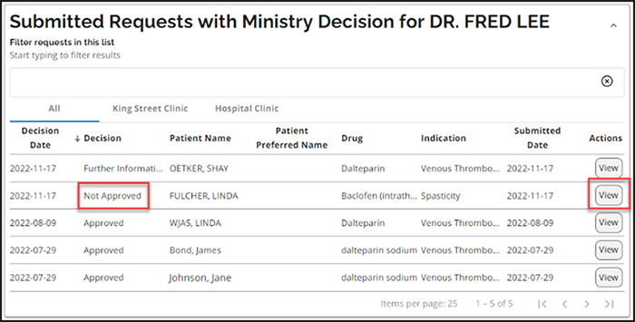 Click the View button for the request with a ‘Not approved’ decision in the Submitted Requests With Ministry Decision list.