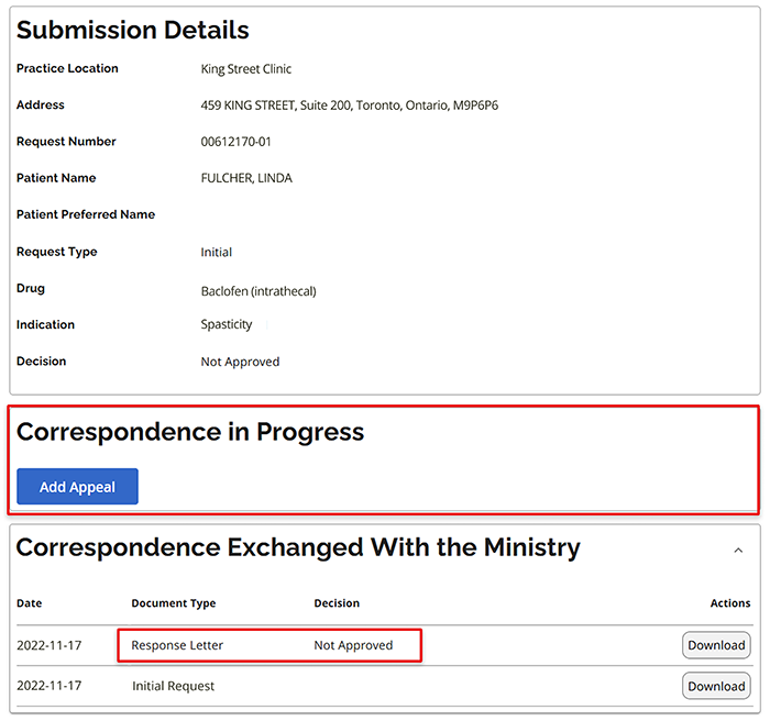 Click the Add Appeal button in the Correspondence in Progress section.