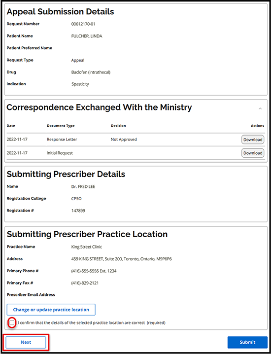 The Appeal Submission Details Summary tab displays. Confirm practice location details and then click the Next button.