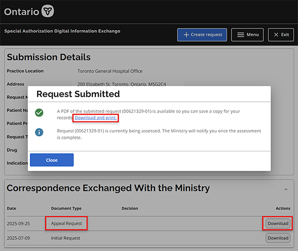 The Request Submitted window appears. Download or view the request summary (optional) or close the window.