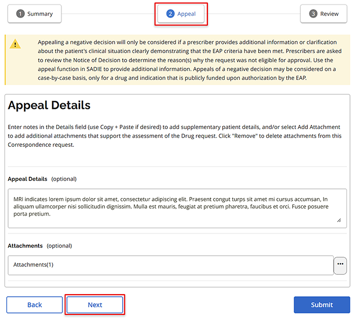 The Appeal tab displays. Type in appeal details or paste from another document and/or add attachment(s), then click the Next button.