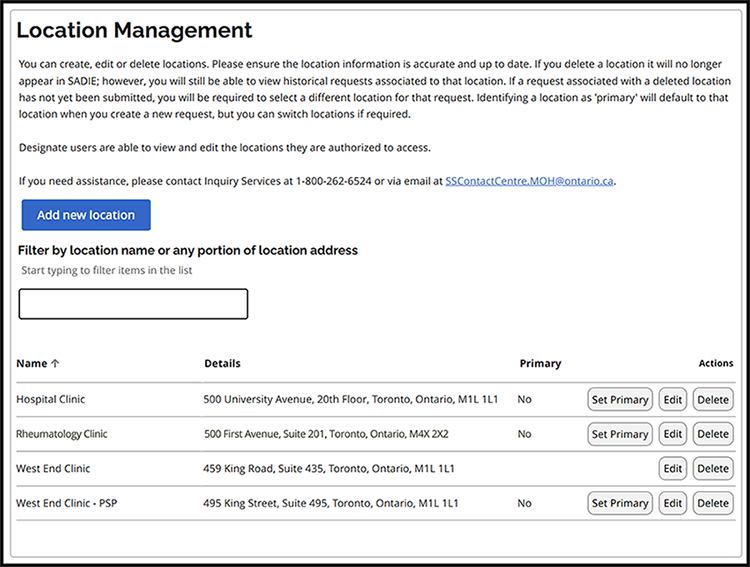 Prescribers and delegates will see options to Add new location, Set Primary, Edit, and Delete.