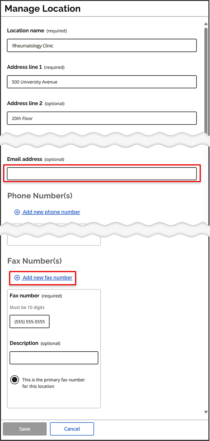 Set primary location: this becomes the default for new requests originating from the SADIE portal but can be changed at any time. Add/Edit location: clicking the “Add new location” button or the “Edit” button opens the “Manage Location” window to enter or update location details.