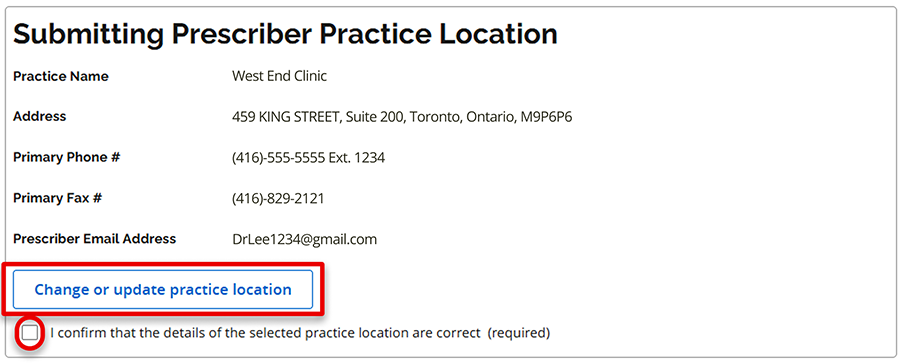 In the 1. General Tab click Change or update practice location