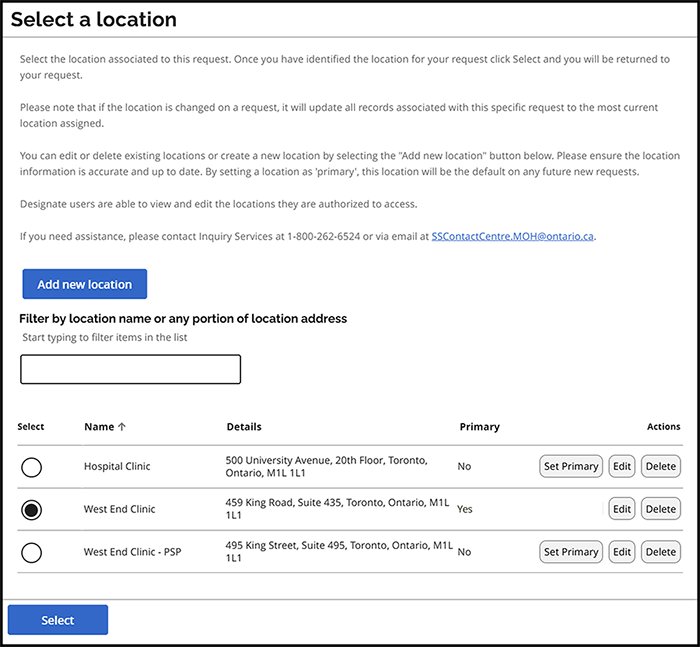 Choose an existing location. Prescribers/delegates can click Add new location. All users can click Edit to update details.