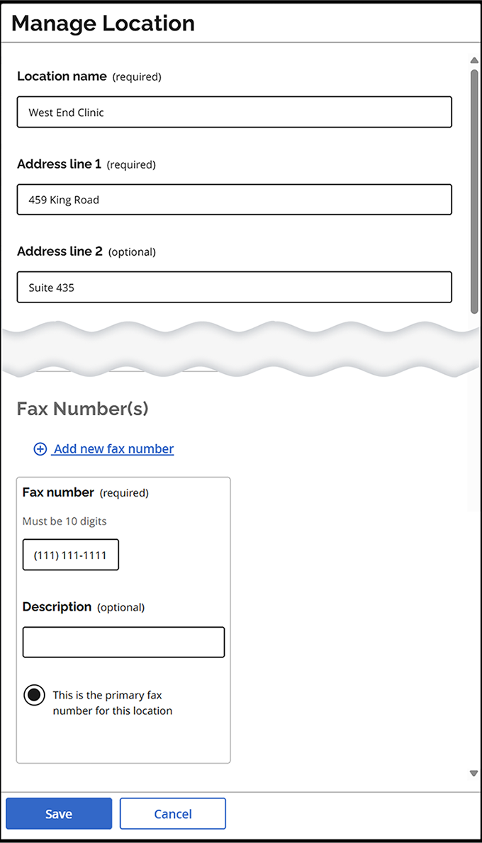 In the Manage Location window: Enter or update the location details. Click Save.
