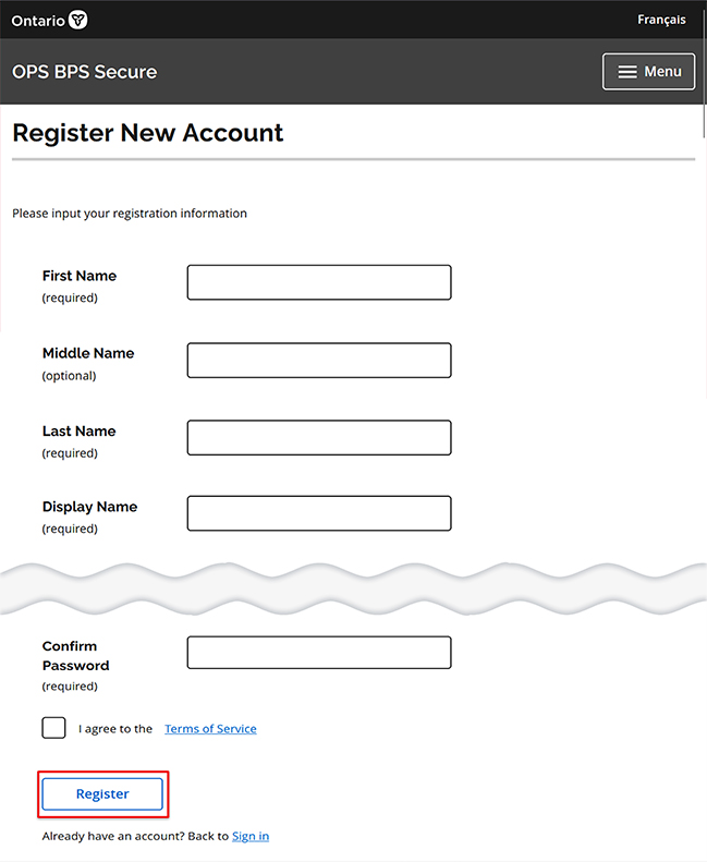 Screenshot of Register New Account screen in SADIE