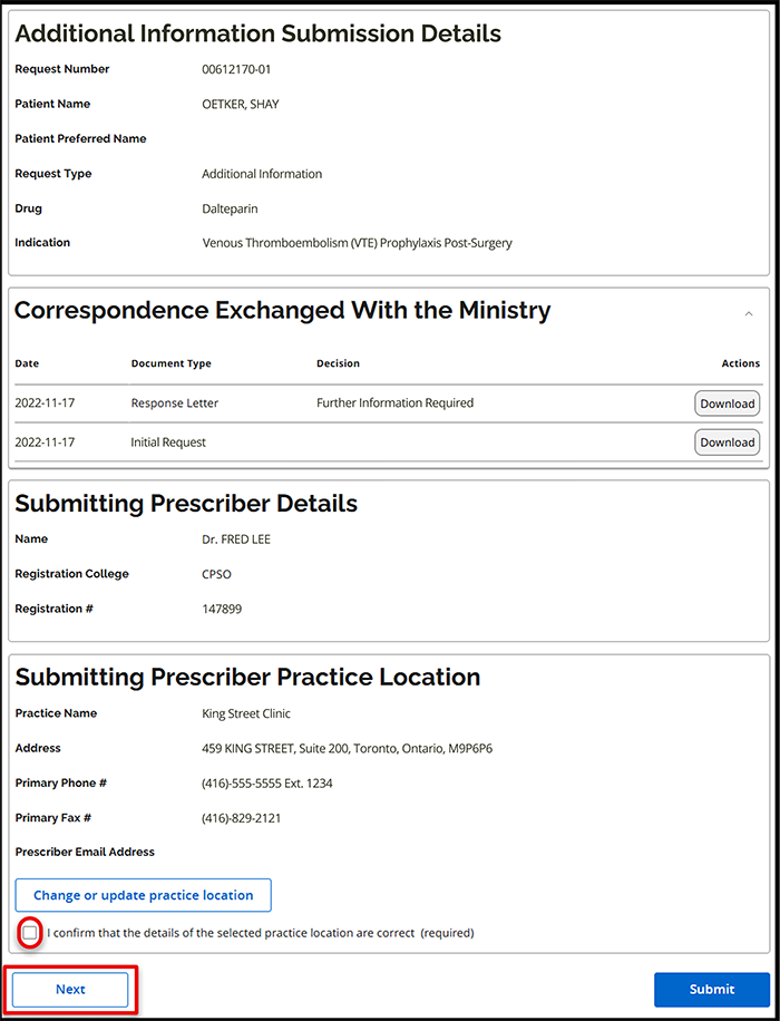 The Additional Information Submission Details Summary window