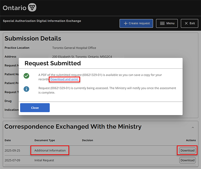 The Request Submitted window appears. Download or view the request summary (optional) or close the window.
