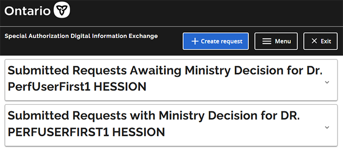 Submitted Requests Awaiting Ministry Decision list and  Submitted Requests with Ministry Decision list