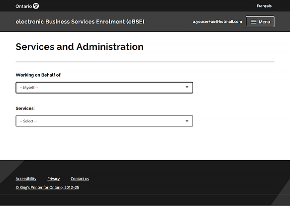 screenshot of the Services and Administration page in Electronic Business Services Enrolment showing the "Working on Behalf Of" dropdown list and "Services" dropdown list.