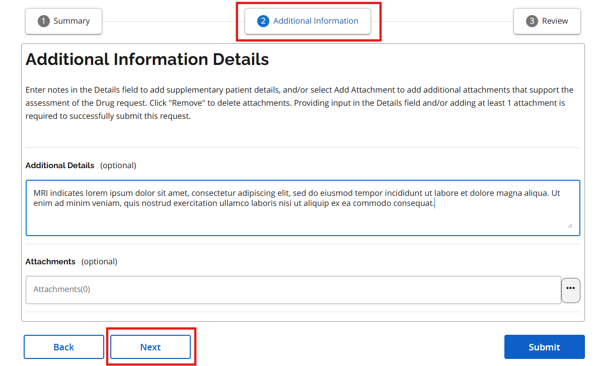 Screenshot of Additional Information Details from SADIE 