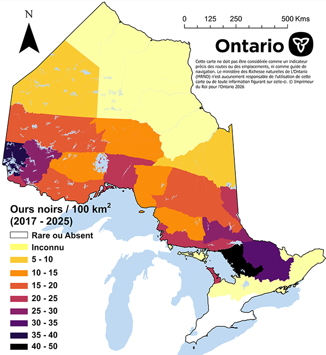 Carte de densité des populations d’ours noir en Ontario indiquant que les plus fortes densités d’ours noir se trouvent à l’est de la baie Georgienne et dans la région du Lac des Bois, dans le Nord-Ouest de l’Ontario. 