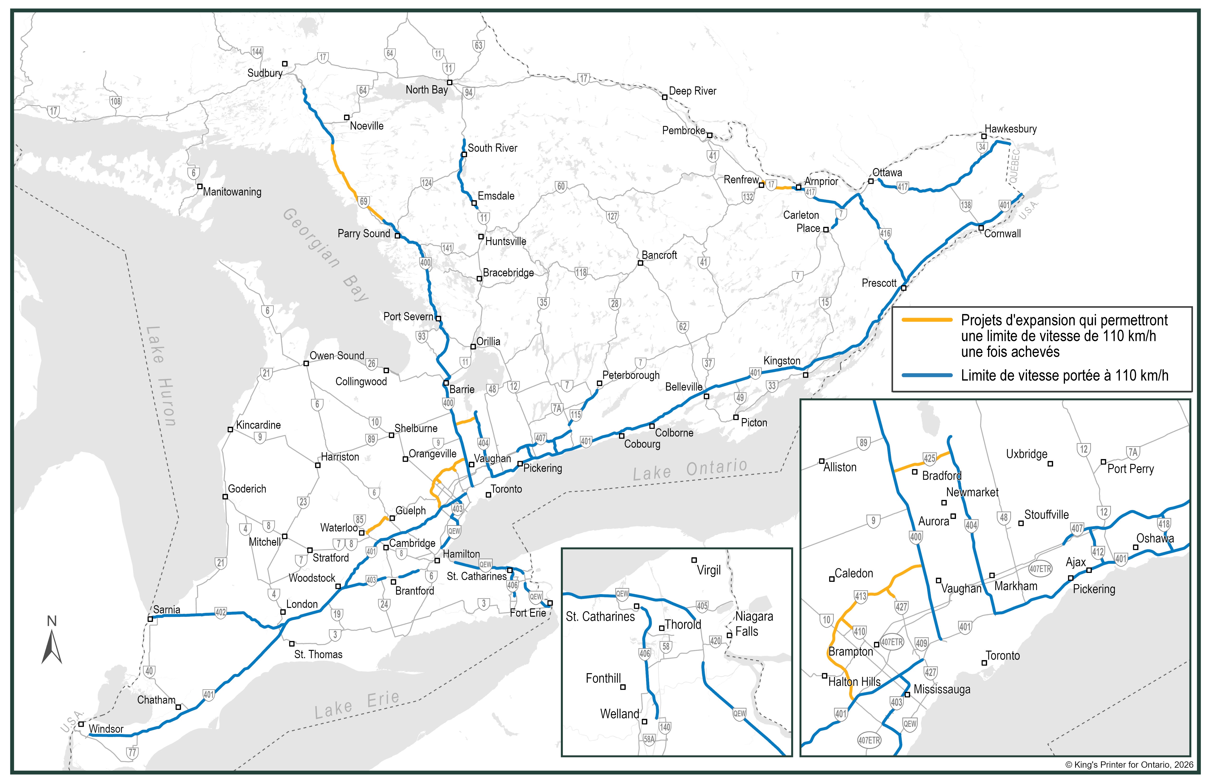 Carte illustrant les augmentations de la limite de vitesse en Ontario.