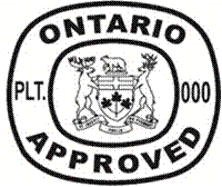 Illustration de l'estampille d'inspection : les textes «ONTARIO APPROVED» et «PLT. 000» entourent l'écusson de l'Ontario.