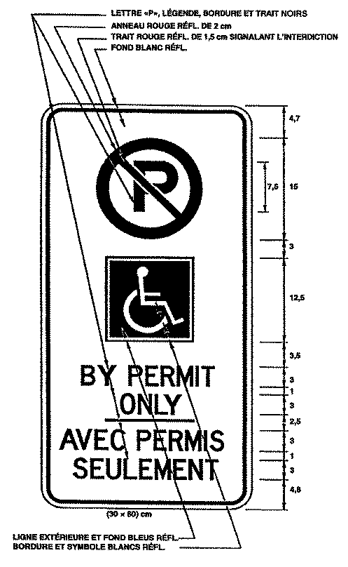 Illustration du panneau où figure le symbole «Stationnement interdit», le Symbole d'accès universel et le texte «BY PERMIT ONLY - AVEC PERMIS SEULEMENT».
