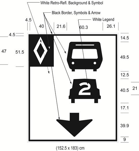 Illustration of Figure D - overhead sign with HOV diamond symbol, bus, car with number 2 inside it, and down arrow.