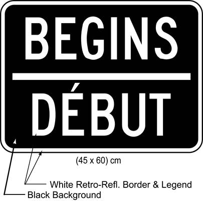 Illustration of tab sign with white text BEGINS / DÉBUT on black background.